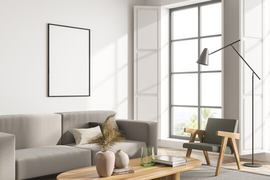 Light living room interior with sofa and armchair with window, mockup poster