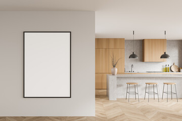 Light kitchen interior with three chairs on parquet floor, mock up poster