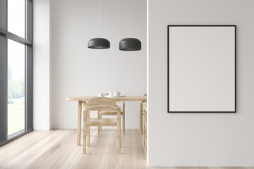 White wooden dining room interior with furniture and window, mockup poster