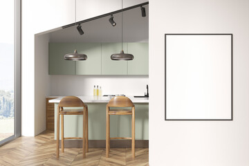 Light kitchen interior with dining table and chairs, window and mockup poster
