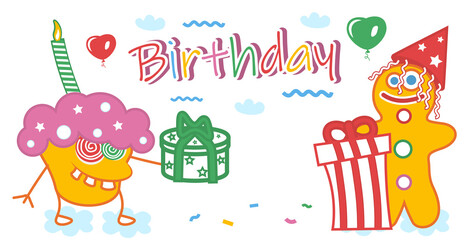 HAPPY BIRTHDAY. Greeting card with funny cupcake and funny cookies, gifts, balloons, confetti, sky, clouds and happy birthday lettering on a white background. Vector illustration.