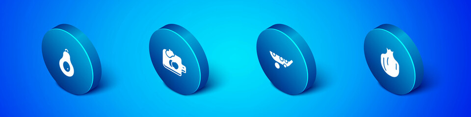 Set Isometric Avocado, Peas, Pomegranate and Cutting board with vegetables icon. Vector