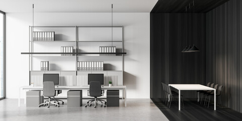 White and black business consulting room interior with furniture and computers