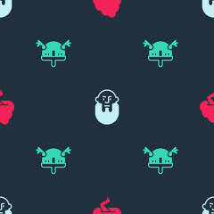 Set Cloud and lightning, Viking head and horned helmet on seamless pattern. Vector