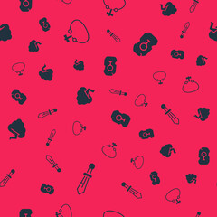 Set Medieval sword, Necklace with gem, Cloud and lightning and Magic rune on seamless pattern. Vector