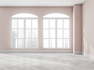 Empty light pink hall with arched windows