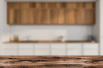 Table for product display with white and wood kitchen on background