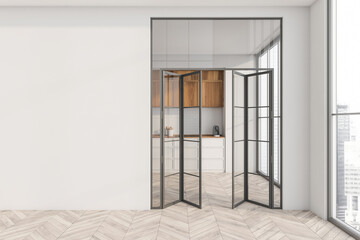 Framed glass folding door and industrial white kitchen on background