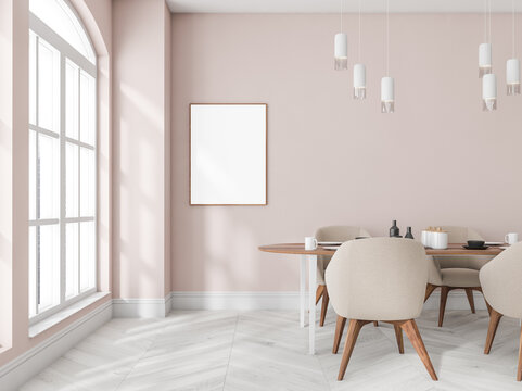 Pink dining room interior with table and chairs, window and mockup poster