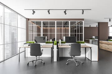 Dark business room interior with armchairs and pc on concrete floor, city view