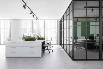 White business room interior with coworking and conference room, city view