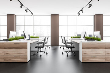 Brown business room interior with armchairs and pc on dark floor, city view