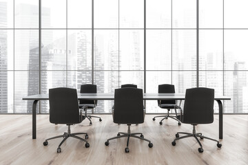 Dark office interior with panoramic window with Singapore city view