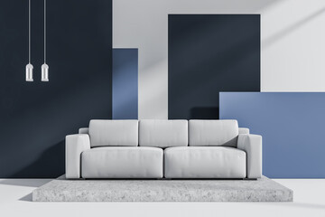 Bright living room interior with large white sofa