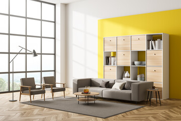 Light relaxing room interior with armchairs, sofa and bookshelf with window
