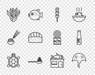 Fototapeta premium Set line Turtle, Stingray, Takoyaki on stick, Caviar spoon, Seaweed, Sushi, Seafood store and Sauce bottle icon. Vector