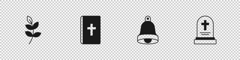 Set Willow leaf, Holy bible book, Church bell and Grave with tombstone icon. Vector