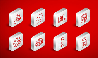 Set line Medicine bottle and pills, House with heart inside, Virus statistics on laptop, Shield protecting from virus, Liquid antibacterial soap, Hand, Earth medical mask and Negative icon. Vector