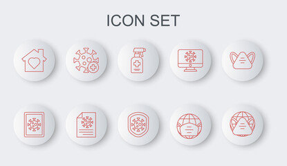 Set line Earth with medical mask, Virus statistics on monitor, Liquid antibacterial soap, House heart inside, Positive virus, Clipboard blood test results and Shield protecting from icon. Vector