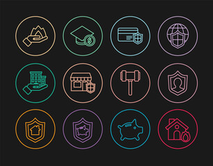 Set line Fire in burning house, Life insurance with shield, Credit card, Shopping building, House, Hand holding fire, Judge gavel and Graduation cap coin icon. Vector