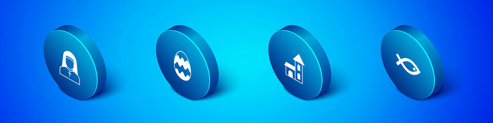 Set Isometric Nun, Church building, Christian fish symbol and Easter egg icon. Vector