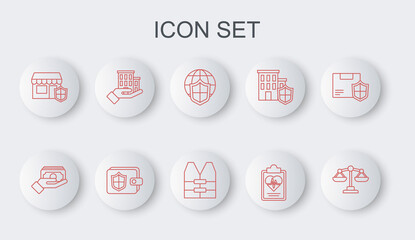 Set line Scales of justice, Stacks paper money cash, Shield with world globe, Health insurance, Shopping building shield, House, Wallet and Life jacket icon. Vector