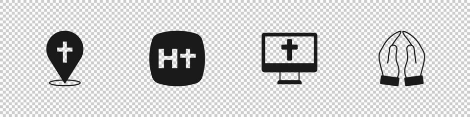 Set Location church building, Christian cross, monitor and Hands praying position icon. Vector