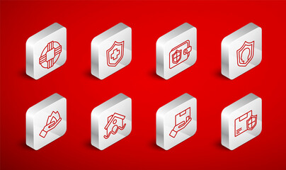 Set line Delivery security with shield, Health insurance, Wallet, Life, Lifebuoy, House flood and Hand holding fire icon. Vector