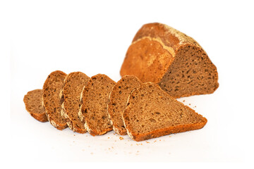 Triangular rye bread on white background. Slices of black triangular rye bread