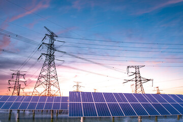 The power transmission tower and solar panel of the power station are energy-saving concepts....