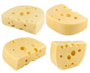 Swiss or Dutch holey cheese wedge, cubes and slices isolated on white