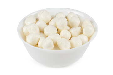 Mozzarella cheese in bowl on white background