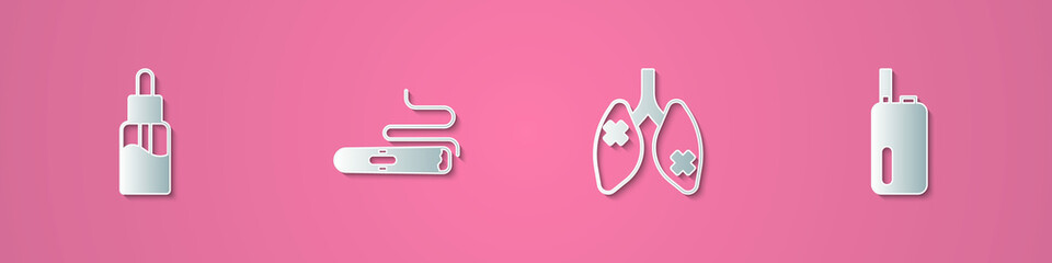 Set paper cut Vape liquid bottle, Cigar, Disease lungs and Electronic cigarette icon. Paper art style. Vector