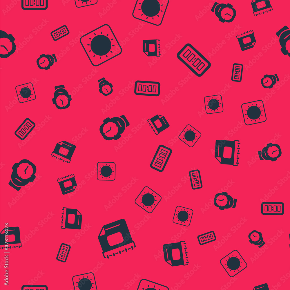 Poster set calendar, sun, clock and digital alarm clock on seamless pattern. vector