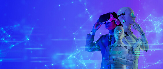 Metaverse digital cyber world technology, man with virtual reality VR goggle playing AR augmented...