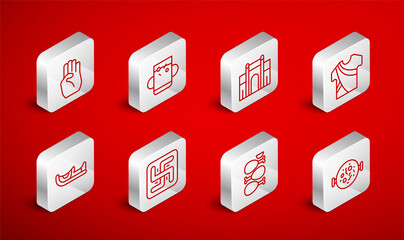 Set line Chicken tikka masala, Cup of tea and leaf, India Gate in Delhi, Indian man dress, Tandoori chicken, symbol hand, Hindu swastika and shoes icon. Vector