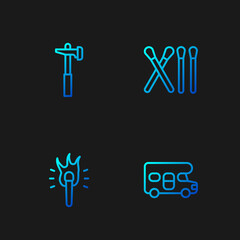 Set line RV motorhome vehicle, Torch flame, Hammer and Match stick. Gradient color icons. Vector