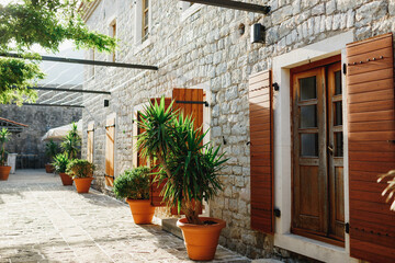Small green palm bushes grow in pots near the stone wall of the building