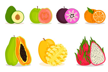 Collection of tropical exotic fruits, whole and in section. Set of paired elements
