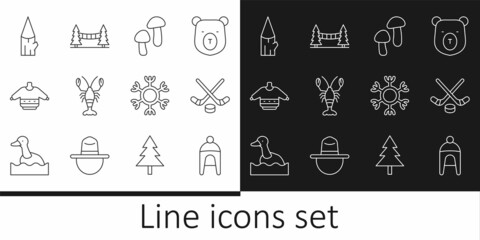 Set line Winter hat, Ice hockey sticks and puck, Mushroom, Lobster, Christmas sweater, Wooden log, Snowflake and Capilano Suspension Bridge icon. Vector