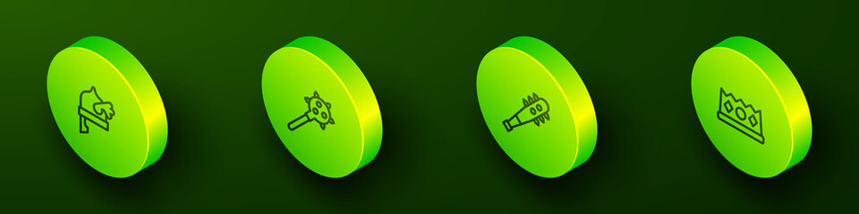 Set Isometric line Viking in horned helmet, Mace with spikes, and King crown icon. Vector