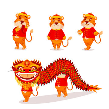Set of red Chinese tigers in New Year's costumes with lanterns and dragons in cartoon style. Symbol 2022