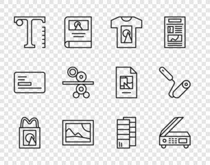Set line Paper shopping bag, Scanner, T-shirt, Picture landscape, Text, roll of printing press, Pantone and Paint roller brush icon. Vector