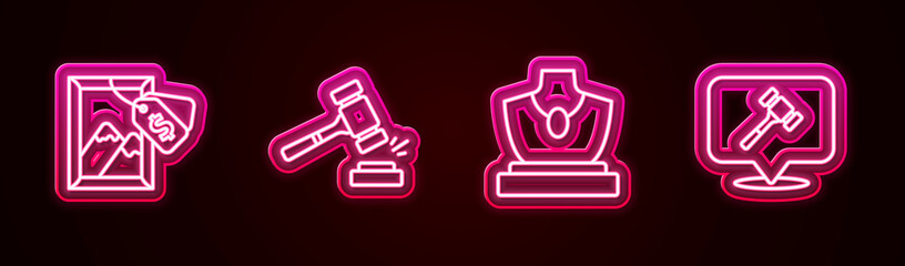 Set line Auction painting, hammer, jewelry sale and . Glowing neon icon. Vector