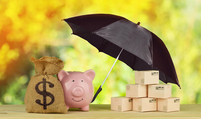 Money bag with dollar sign and piggy bank protect cardboard boxes with goods concept of delivery...