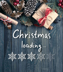 Christmas loading bar in snowflake form showing progress load on wooden boards background, xmas...