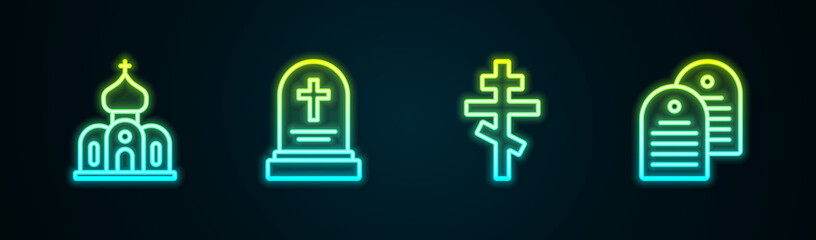 Obraz premium Set line Church building, Grave with tombstone, Christian cross and Holy bible book. Glowing neon icon. Vector