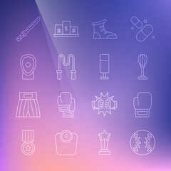 Set line Baseball ball, Boxing glove, Punching bag, Sport boxing shoes, Jump rope, training paws, Japanese katana and icon. Vector