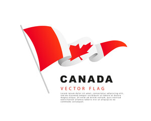 The flag of Canada hangs from a flagpole and flutters in the wind. Vector illustration isolated on white background.