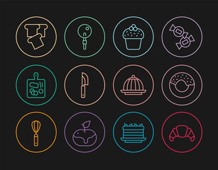 Set line Croissant, Donut, Cake, Knife, Cutting board, Bread toast, Pudding custard and Lollipop icon. Vector